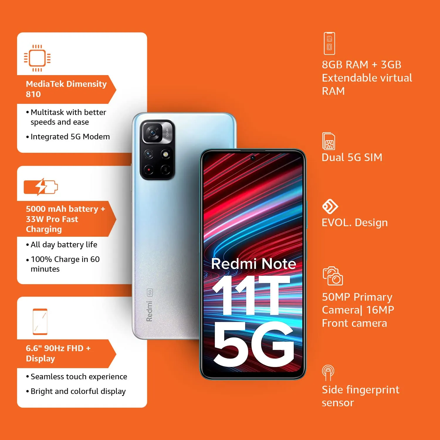 Redmi Note 11T 5G (Matte Black, 6GB RAM, 128GB ROM)| Dimensity 810 5G | 33W Pro Fast Charging | Charger Included